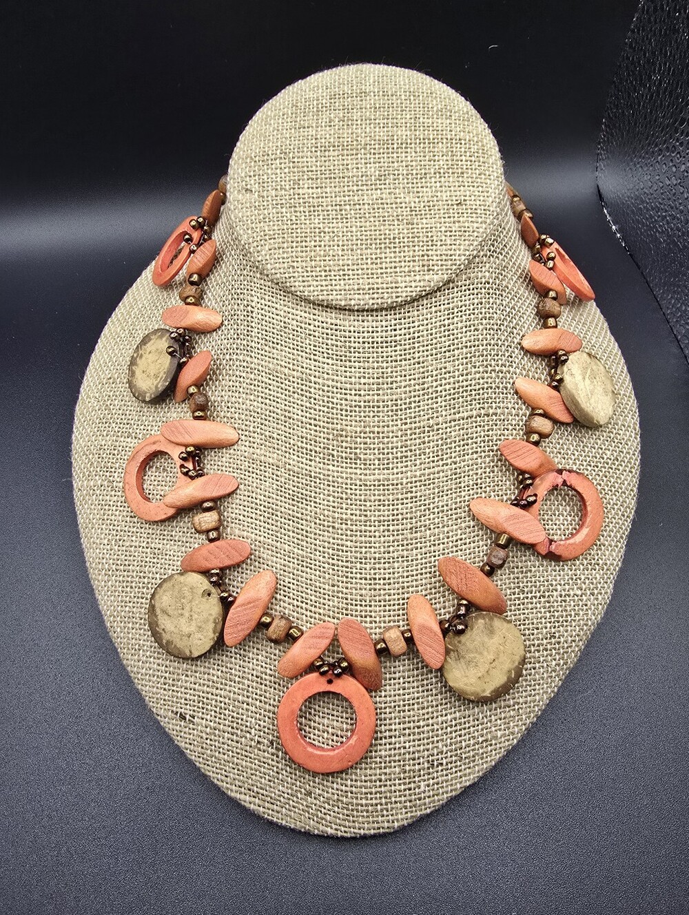 Cookie Lee Coral & Natural Wood Circle Boho Necklace